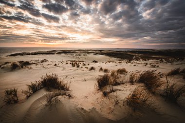 Gün batımında Parnidis kum tepeciği. Curonian salyası, Nida şehri, Litvanya.