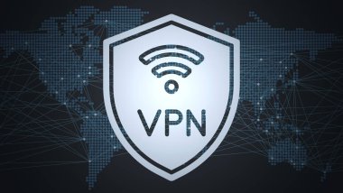 Bir dünya haritasında VPN Ağı İnternet güvenlik kalkanı logosu