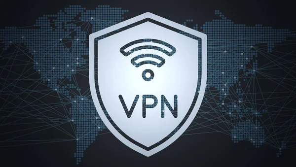 Vpnネットワークインターネットセキュリティシールド世界地図上のロゴ — ストック写真