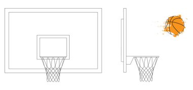 Basketbol arka tahtası (basket), turuncu top - yan ve ön yükseklik