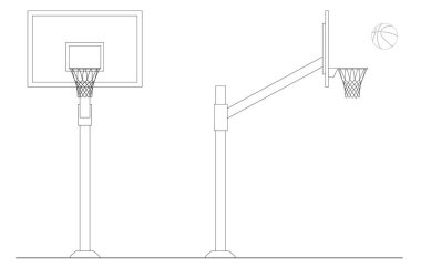 Basketbol arka tahtası, halka ve ağ (basket), top - yan ve ön yükseklik