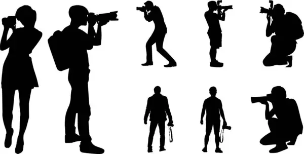 İnsanların siluetleri, farklı pozlarda fotoğrafçıların siluetleri, kamera.