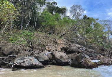 Küçük rıhtımlı tekneleri ve büyük kayaları olan güzel Karayip adası.