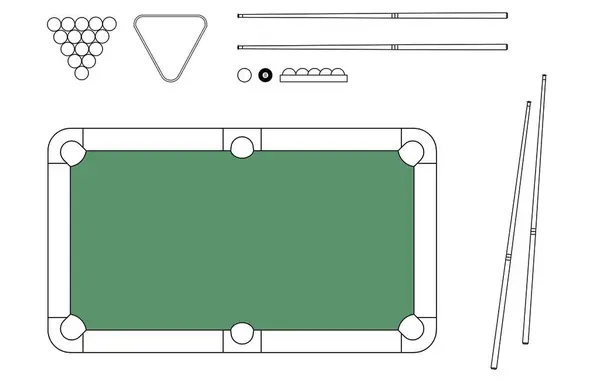 Yeşil keçeli bilardo masası ve bilardo ekipmanları - toplar, ipuçları ve üçgen