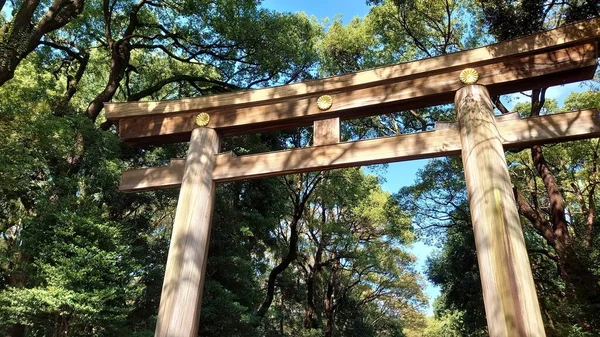 stock image Tokyo, Japan - 10.26.2019: Front view of Otorii of the Meiji Jingu surrounded by trees, signalling the boundary between secular and sacred area, under sunlight on a sunny day before the pandemic
