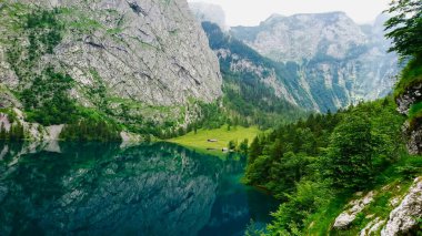 Konigssee, Almanya - 06.16.2018: Güneşli bir günde, yanında huzurlu su ve orman bulunan Obersee