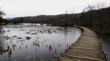 Plitvice Lakes Ulusal Parkı, Hırvatistan - 04.12.2018: Yağmurlu bir günde bir göle açılan boş bir ahşap köprü