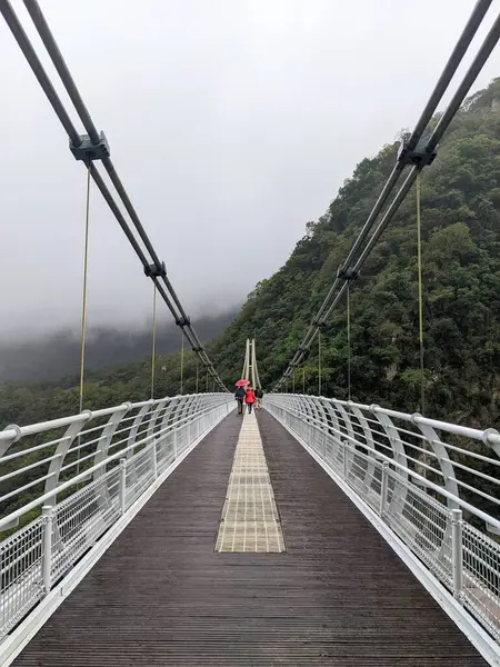 stock image Taroko, Taiwan - 11.26.2022: Tourists walking on symmetrical Buluowan Cable Suspension Bridge over Liwu River gorge on a rainy day with mist on mountains before the 403 earthquake during the pandemic