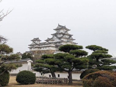 Himeji, Japonya - 12.19.2023: Himeji Şatosu, bulutlu bir gökyüzünün altında bakımlı çalılardan ve çam ağaçlarından oluşan bir bahçe.