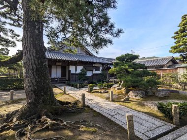 Katata, Japonya - 12.20.2023: Ukimido, Mangetsuji Tapınağı 'ndaki tapınak kompleksi, bahçenin yanında ahşap bir salon ve ona uzanan taştan kaldırımlı bir patika ile mavi gökyüzü altında güneş ışığı olan ağaçlar.