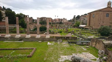 Roma, İtalya - 4.4.2018: Antik Roma Forumunun çarpıcı manzarası, gür yeşillikler arasında yükselen sütunları ve harabeleri sergiliyor, tarih meraklıları ve turistleri zengin mirasına çekiyor