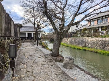 Omihachiman, Japonya - 20 Aralık 2023 tarihi Hachiman-bori Kanalı boyunca uzanan manzaralı bir kaldırım taşı yolu, bulutlu bir kış gökyüzü altında geleneksel tüccar evleriyle çevrili.
