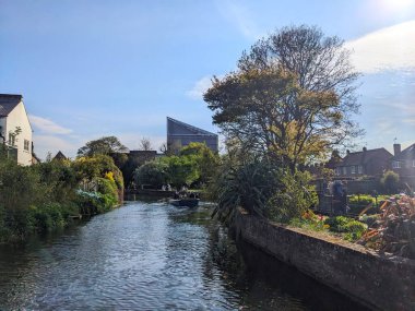 Canterbury, İngiltere - 19 Nisan 2025: İnsanlar tarihi şehirde akan Stour Nehri 'nde rahatlatıcı bir turun keyfini çıkarırken, diğerleri güneşli mavi gökyüzünün altında Abbots Mill Garden' da güneşleniyorlar.