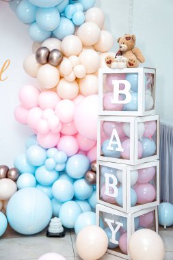 Cinsiyet partisi dekorasyonları. Bebek partisi kutlamaları. Ebeveynler için mutlu bir gün
