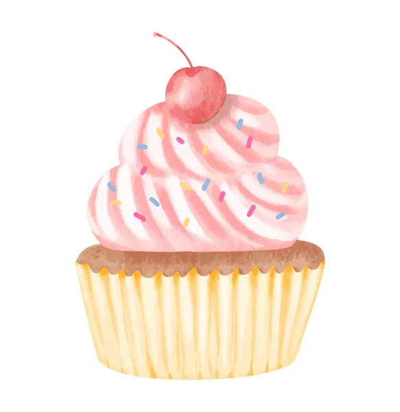 Watercolor Illustration Cupcake Decorated Pink Whipped Cream Cherry Fruit Isolated — Stock Vector