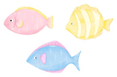 Tatlı pastel balık seti beyaz zemin üzerinde izole edilmiş suluboya stili resimleme ile.