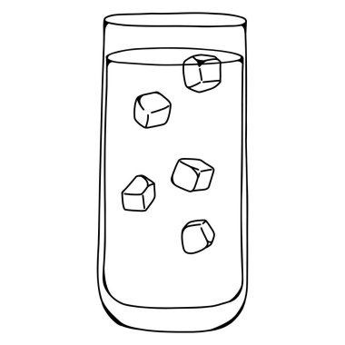 Bir bardak buzlu suyun siyah ana hatları. Elle çizilmiş vektör illüstrasyonu, siyah beyaz içme bardağı. 