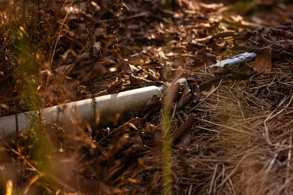 Sıcak öğleden sonra güneşi altında kuru yaprakların arasında terk edilmiş eski su boruları. İhmal görüntüsü ve insan yapımı nesneler ile doğa arasındaki zıtlık..