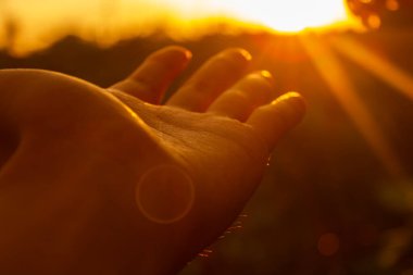 Gün batımında sıcak altın güneş ışığını alan açık bir el. Kabullenme, umut ve enerji kavramı