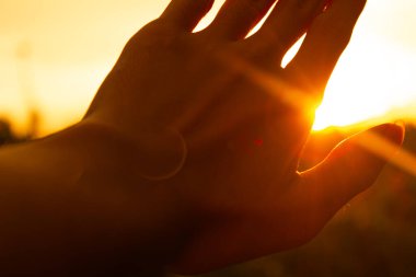 Gün batımında parlak altın güneşi kısmen engelleyen bir el güneş patlaması etkisi yaratıyor. Umut ve enerji kavramı.