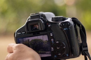Bir fotoğrafçının eli bir DSLR kamerasını tutuyor ve LCD ekranında bir manzara görüntüsü oluşturuyor. Bir kamera arkası fotoğrafçılığın sürecine ve zanaatına bakar.