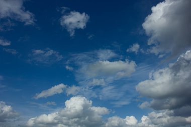 Güneşli bir günde çeşitli beyaz ve gri bulutlarla dolu parlak mavi bir gökyüzü. Kopyalama alanı olan doğal arkaplan.