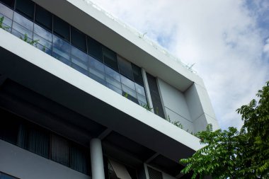 Bulutlu bir gökyüzüne karşı yanında yeşil bir ağaç olan modern ofis binasının alçak açılı görüntüsü. Yeşil mimari ve işletme kavramı