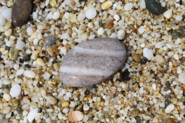 Sahilde taşlar. Sahildeki deniz taşlarının doğal arka planında bir taşın yakın plan görüntüsü.
