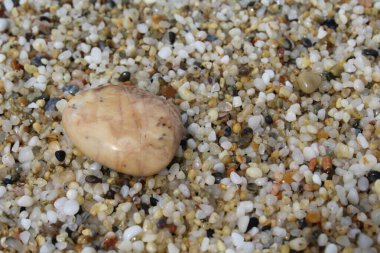 Sahilde taşlar. Sahildeki deniz taşlarının doğal arka planında bir taşın yakın plan görüntüsü.