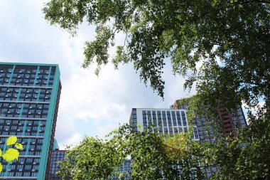 Ukrayna 'nın başkenti Kyiv' de mavi gökyüzü arka planında yeşil ağaçları olan modern binalar.. 