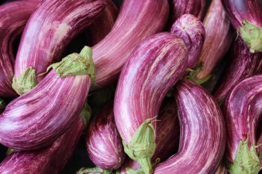 Piyasada taze mor patlıcanlar.