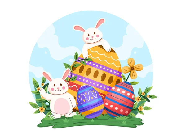 Иллюстрация Дню Пасхи Яркой Коллекцией Украшенных Яиц Окруженной Очаровательными Кроликами — стоковый вектор