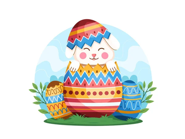 Симпатичный Пасхальный Кролик Вылупляется Украшенного Пасхального Яйца Окружении Красочных Пасхальных — стоковый вектор