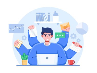 Genç adam dizüstü bilgisayarla çalışıyor, vektör illüstrasyonu