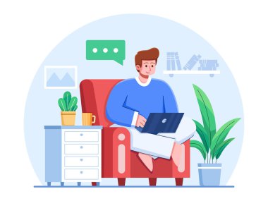 Genç adam bir sandalyede oturuyor ve dizüstü bilgisayar vektör çizimi tasarımı üzerinde çalışıyor.