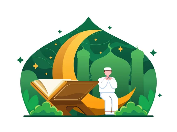 Muslim Muž Mešitou Měsíc Vektor Ilustrační Design — Stockový vektor