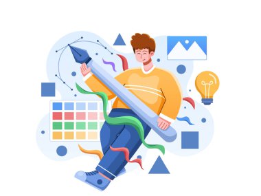 Diğer tasarımcı / illüstratör araçlarıyla çevrili büyük bir kalem aracını tutan bir vektör illüstrasyon yaratıcı çalışma alanı. Yaratıcı Tasarımcı ve İllüstratör Kavramı.