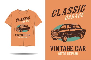 Klasik garajın klasik araba tamircisi siluet tişört tasarımı