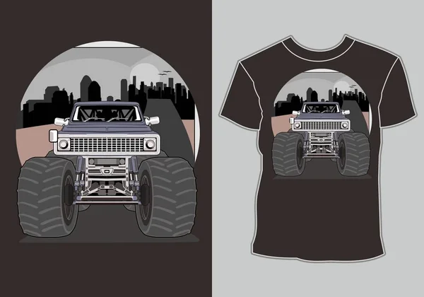 在城市插图中设计T恤 卡车怪物 — 图库矢量图片
