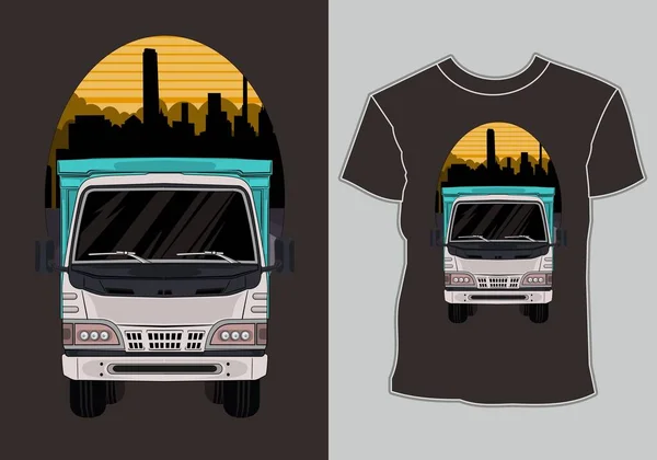 城市中带有艺术品卡车的卡车设计T恤 — 图库矢量图片
