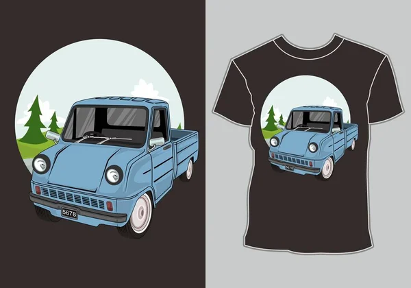 Shirt Design Avec Illustration Classique Vintage Voiture Rétro Forêt — Image vectorielle