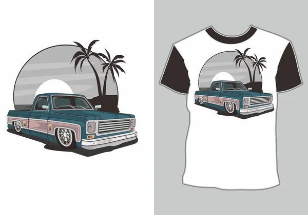 夏季T恤衫的设计 经典的 老式的 复古的汽车都在海滩上 — 图库矢量图片