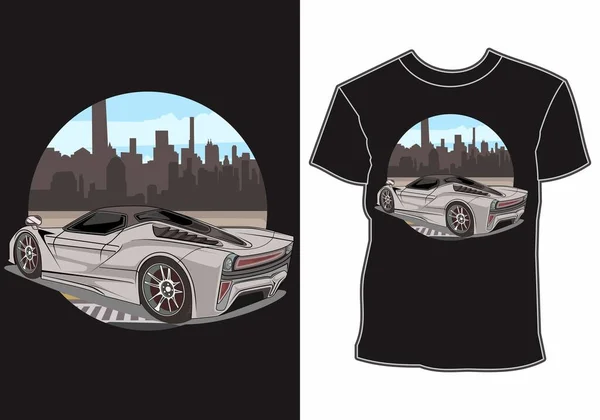 以汽车为主题的T恤衫设计 赛车模型车在城郊 — 图库矢量图片
