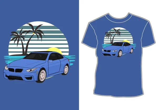 Summer Shirt Design Sedan Car Vacationing Beach — Stock Vector