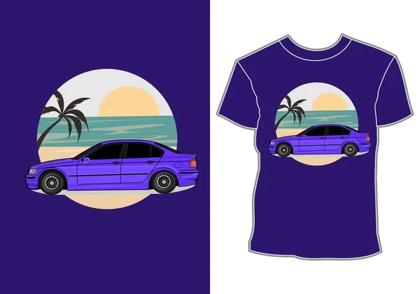 夏季T恤的设计 在海滩度假的汽车 — 图库矢量图片