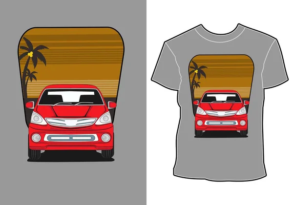 汽车夏季日落海滩海洋自然线条图解艺术T恤衫设计 — 图库矢量图片