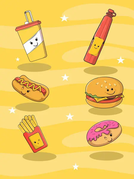 Fast Food Hamburgerami Hot Dogi Napoje Frytki Pizza Desery Ilustracja — Wektor stockowy