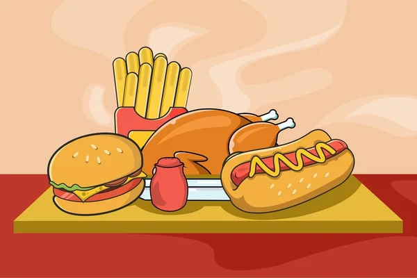 Швидка Їжа Бургерами Гарячі Собаки Ють Картоплю Фрі Ілюстрацію Десертів — стоковий вектор