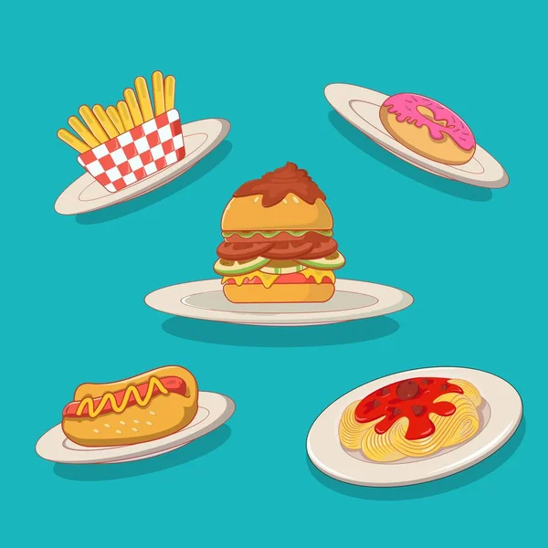 Zestaw Kolorowe Płaskie Kreskówki Projekt Fast Food — Wektor stockowy