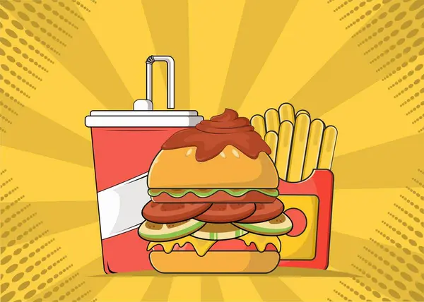 Hambúrguer Batatas Fritas Refrigerante Fast Food Ilustração Vetorial Design Plano — Vetor de Stock